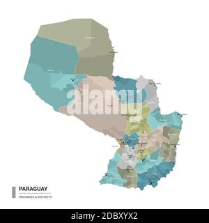 Paraguay hat detaillierte Landkarte mit Unterteilungen. Verwaltungskarte von Paraguay mit Bezirken- und Stadtnamen, farbig nach Bundesstaaten und verwaltungsbezirken Stock Vektor