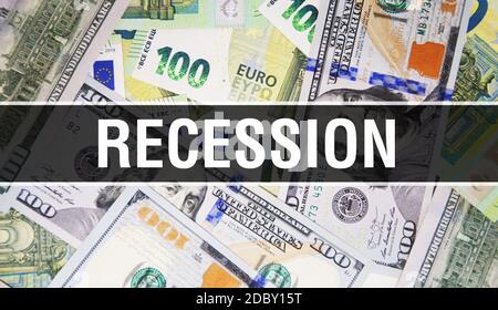 Rezession Textkonzept Nahaufnahme. American Dollars Cash Money, 3D-Rendering. Rezession bei Dollar-Banknote. Financial USA Geld Banknote Commercial Money Stockfoto