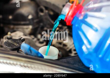 Auf Frostschutzmittel car-Wash flüssige Gießen in schmutzigen Auto von Blau und Rot Frostschutzmittel Behälter Detail. Stockfoto