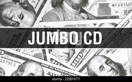 Jumbo CD Text Konzept Closeup. American Dollars Cash Money, 3D-Rendering. Jumbo-CD bei Dollar Banknote. Financial USA Geld Banknote Commercial Money in Stockfoto