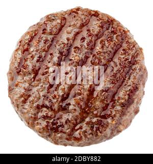 Gegrilltes Hamburger Fleisch isoliert auf weißem Hintergrund, Clipping Pfad, volle Schärfentiefe Stockfoto