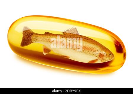 Fischölpille, Omega 3, isoliert auf weißem Hintergrund, Schnittpfad, volle Schärfentiefe Stockfoto