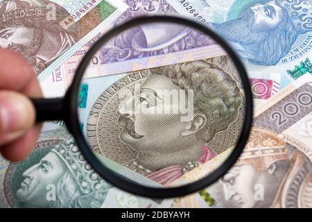 Zloty in einer Lupe polieren Stockfoto