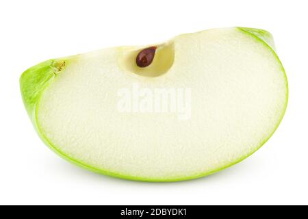 Grünen saftigen Apfel Slice auf weißem Hintergrund, Beschneidungspfade, volle Tiefenschärfe Stockfoto