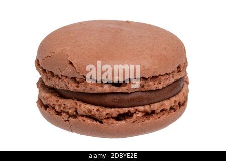 Macaron isoliert. Nahaufnahme eines einzigen original französisch braunen Schokolade Makronen Cookies isoliert auf einem weißen Hintergrund. Gebäck, Desserts und Süßigkeiten. Stockfoto