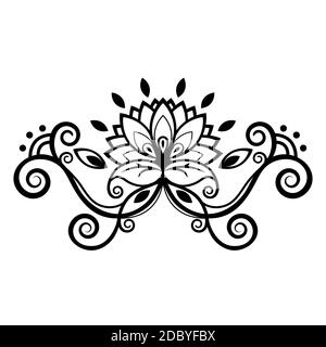 Abstraktes florales Ornament, ethnisches Muster, schwarz-weiße Zeichnung mit Locken, Spiralen, Blume, dekoratives Element, Druck, Tätowierung, Farbtracery Stock Vektor