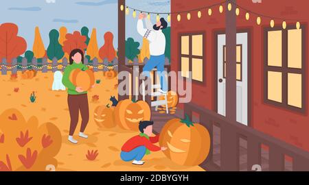 Familie dekorieren für Halloween flache Farbe Vektor Illustration Stock Vektor