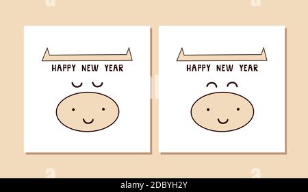 Vektorset. Frohe Weihnachten und ein glückliches neues Jahr 2021. Postkarte mit weißem Ochsen. Symbol des chinesischen Neujahrs. Lächelnder Stier, Kuh. Grußkarte, Einladung Stock Vektor