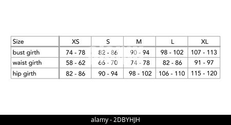 Frauen Standard Körpermaße für verschiedene Land, Stil Mode Dame Größentabelle für Website, Produktion und Online-Bekleidungsgeschäft. S, M, L, XL, US, UK, EU, Französisch, Italien, Japan, aus, Brust, Taille, Hüfte Stock Vektor