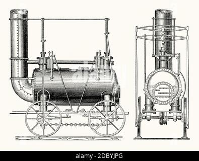 Eine alte Gravur George Stephensons Lokomotive von 1815. Es ist aus einem viktorianischen Maschinenbaubuch der 1880er Jahre. George Stephenson (1781–1848) war ein englischer Bauingenieur und Maschinenbauingenieur, bekannt als ‘Vater der Eisenbahn’. Stephenson entwarf 1814 seine erste Lokomotive, die für den Transport von Kohle in der Killingworth Colliery nördlich von Newcastle upon Tyne, North Tyneside, England, UK, bestimmt war. Es wurde ‘Blücher’ genannt. Im Jahr 1815 verbesserte Stephenson das Design mit einer direkten Verbindung zwischen Zylinder und Rädern mit einem Kugel-und Buchsengelenk. Die Antriebsräder waren durch Ketten verbunden. Stockfoto