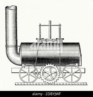 Ein alter Stich der Lokomotive von John Blenkinsop von 1811. John Blenkinsop (1783–1831) war ein englischer Bergbauingenieur und Erfinder von Dampflokomotiven, der die erste praktische Eisenbahnlokomotive entwarf. Im frühen 19. Jahrhundert wurden Versuche unternommen, Dampfkraft für den Transport einzusetzen. 1811 patentierte Blenkinsop ein Zahnstangensystem an der Gleisseite für eine Lokomotive. Sein Motor, der fünf Tonnen wiegt, zog regelmäßig eine Nutzlast von neunzig Tonnen Kohle über drei Meilen von der Middleton Colliery, Middletown nach Leeds, Yorkshire, England, Großbritannien. Stockfoto