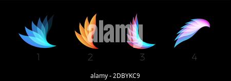 Schönheit Blütenblätter flach Cartoon Stil Vektor-Logo-Set Konzept. Abstrakte Licht Gradienten Flügel Symbol-Kollektion für Business und Startup. Farbige Federn Stock Vektor