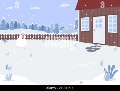 Winter Haus Hof flach Farbe Vektor Illustration Stock Vektor