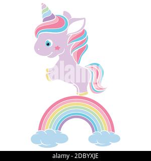 Magische niedliche Einhorn, zu Fuß auf dem Regenbogen. Vektorgrafik, auf weißem Hintergrund, isoliert Stock Vektor