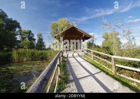 Brücke mit Schindeldach bei Rimsting, Greamandlweiher, Mündung des Priens, Chiemsee, Chiemgau, Oberbayern, Deutschland Stockfoto