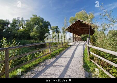 Brücke mit Schindeldach bei Rimsting, Greamandlweiher, Mündung des Priens, Chiemsee, Chiemgau, Oberbayern, Deutschland Stockfoto