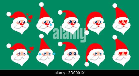 Zehn Kawaii Vektor Cartoon Flache Weihnachtsmann Emoji Set. Weihnachtsthema Charakter Design Elemente Isoliert. Stock Vektor