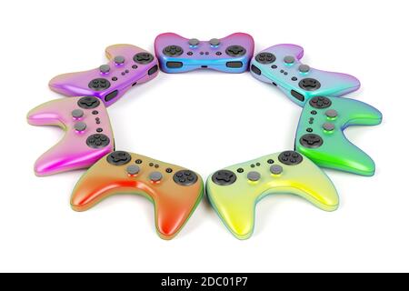 Wireless Game Controller mit verschiedenen Farben auf weißem Hintergrund Stockfoto