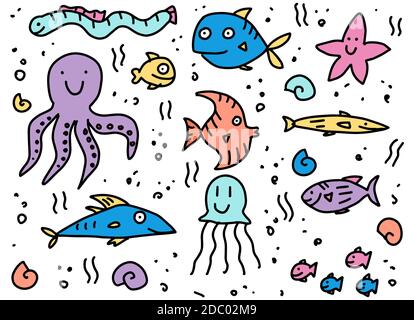 Fisch im Doodle-Stil. Handgezeichnete niedlich, Karikatur, lustige Fische, Tintenfisch, Quallen, marine Leben. Konzept des Ozeans. Vektordarstellung isoliert auf einem Stock Vektor