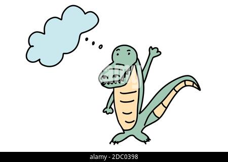 Krokodilkritzel. Cartoon niedlich Alligator Wellen seine Hand. Handgezeichnete Vektorgrafik isoliert auf weißem Hintergrund. Stock Vektor