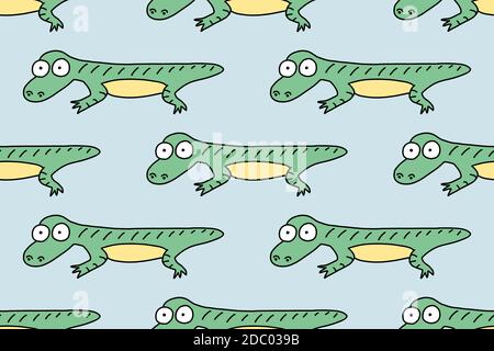 Cartoon Charakter Eidechse. Nahtloses Muster. Cartoon lustige Doodle Reptil. Handgezeichnete Vektorgrafik isoliert auf weißem Hintergrund. Für Kinder Stock Vektor