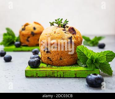 Frische hausgemachte leckere Blaubeer-Muffins mit Thymian, frischen Beeren und Minze auf grauem Hintergrund dekoriert. Stockfoto