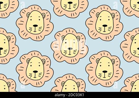 Cartoon cute lion. Doodle seamless animal pattern Hand-drawn vector illustration isolated on a white background. For kids isolated on white background Stock Vektor