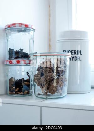 Die getrockneten Pilze in den Gläsern in der Küche Stockfoto