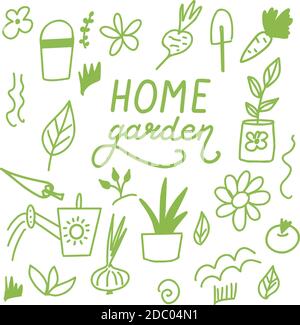 Heimgarten, Symbole Satz von Vektorelementen isoliert auf einem weißen Hintergrund. Handgezeichnete gelbe Doodle-Illustrationen, Schriftzug. Stock Vektor