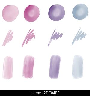 Lila blau rosa Grunge Pinselstriche, Aquarellfarbe malen, Aquarellkreise, Malstriche, Formen auf weißem Hintergrund Vektor eps Illustration gesetzt Stock Vektor