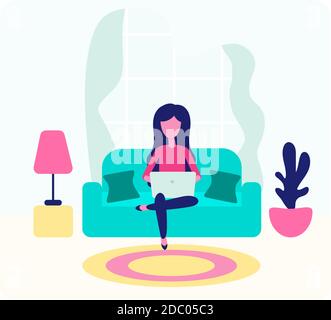 Arbeiten zu Hause. Freiberufliche Mitarbeiterin, die zu Hause an Laptops arbeitet. Vektor-Grafik im flachen Stil. Stock Vektor