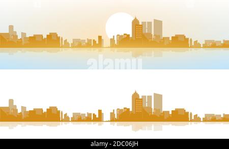 Blick auf die moderne Tagesstadt. Das aufhellende Licht der Sonne. Sonnenaufgang, Morgengrauen. Horizontlinien. Vektorgrafik in einem flachen Stil. Wunderschön Stock Vektor