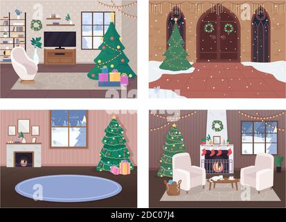 Weihnachtshaus innen flache Farbe Vektor Illustration Set Stock Vektor