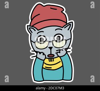 Hipster Katze mit Brille, Kleidung, Hut, Schal und Pullover in der Ehrfurcht. Flacher Sticker für T-Shirt, Sweatshirt, Banner, Poster, Postkarte. Stock Vektor