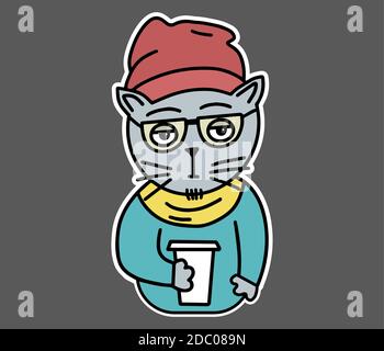 Hipster Katze in Brille, Kleidung, Hut, Schal, Pullover trinken Kaffee. Flacher Sticker für T-Shirt, Sweatshirt, Banner, Postkarte Stock Vektor