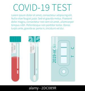 COVID-19-Test. Röhrchen mit Blutprobe. Konzept des Coronavirus-Schnelltests. Laborforschung und -Diagnose. Vektorgrafik im flachen Stil. Banner Stock Vektor