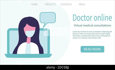 Arzt online, Virtueller Arztbesuch. Webseiten-Design-Vorlagen. Vektorgrafik im flachen Stil. Stock Vektor