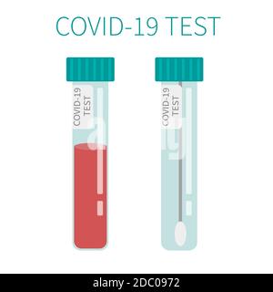 COVID-19-Test. Röhrchen mit Blutprobe. Konzept des Coronavirus-Schnelltests. Laborforschung und -Diagnose. Vektorgrafik im flachen Stil. Stock Vektor
