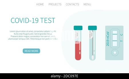 COVID-19-Test. Röhrchen mit Blutprobe und Speichel. Coronavirus-Schnelltest. Laborforschung und -Diagnose. Medizin Vektor-Konzept in flachem Design. Landung Stock Vektor