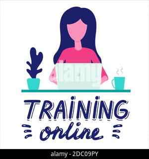 Online-Schulungen. Frau lernt online auf Laptops zu Hause. Vektor-Grafik im flachen Stil mit handgezeichneter Beschriftung. Vektor eps trendy Banner isoliert Stock Vektor