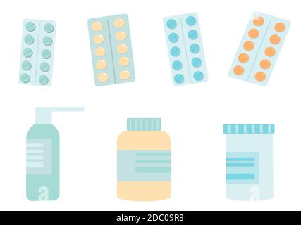 Verbandskasten mit Medikamenten im Inneren. Pharmazie und medizinisches Konzept. Notfall-Koffer mit Kreuz, Pillen, Flasche, Spray in flachem Design Stock Vektor