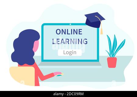 Online Learning, Fernschulungskonzept. Schulungen und Kurse. Studentin studiert Kurse auf einer Website in einem Laptop. Vektor in flachem Design. Stock Vektor