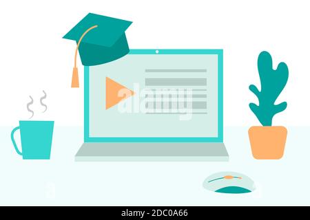 Flaches Design Konzept der Online-Bildung, Schulungen und Kurse, Lernen, Video-Tutorials. Webinare. Vektorgrafik. Stock Vektor