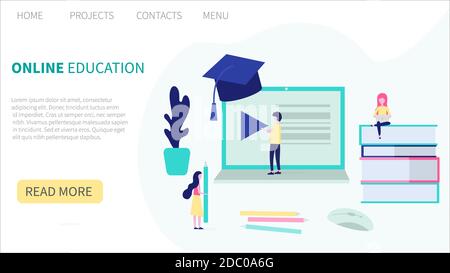 Flaches Design Konzept der Online-Bildung, Schulungen und Kurse, Lernen, Video-Tutorials. Webinare. Vorlage für Landing-Page. Vektorgrafik für Web Stock Vektor
