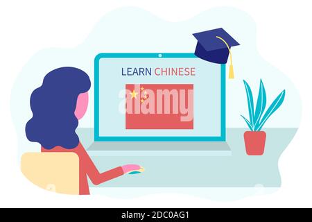 Online Chinese Learning, Fernunterricht Konzept. Sprachkurse und Sprachkurse. Studentin studiert Fremdsprachen auf einer Website in einem Laptop Stock Vektor