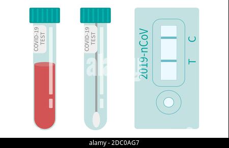COVID-19-Test. Röhrchen mit Blutprobe, Speichel und Schnelltest. Konzept des Coronavirus-Schnelltests. Laborforschung und -Diagnose. Vektordarstellung in Stock Vektor