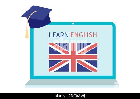 Online Englisch Lernen, Fernunterricht Konzept. Sprachkurse und Sprachkurse. Lernen von Fremdsprachen auf einer Website in einem Laptop. Vektor ein Stock Vektor