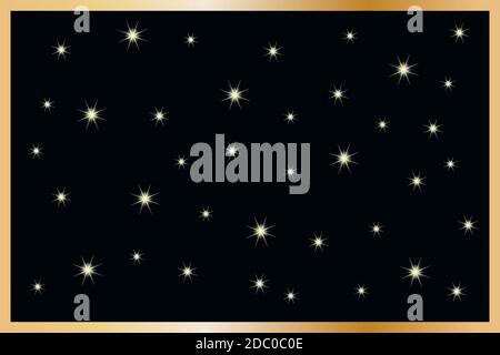 Leuchtendes rechteckiges Banner mit Sternen. Goldener Rahmen mit Funkeln und Kopierraum. Leere luxuriöse dunkle Kulisse. Goldener Rahmen mit Lichteffekten. Vektor Stock Vektor