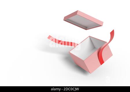 Offene rosa Geschenkbox mit roter Schleife isoliert auf weißem Hintergrund. 3d-Illustration. Stockfoto