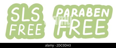 SLS-Parabene frei. Konzept der Naturprodukte, Kosmetik, Seife. Schrift Kalligraphie Symbole. Vektor eps Hand gezeichnet Pinsel trendy grünen Aufkleber mit Stock Vektor